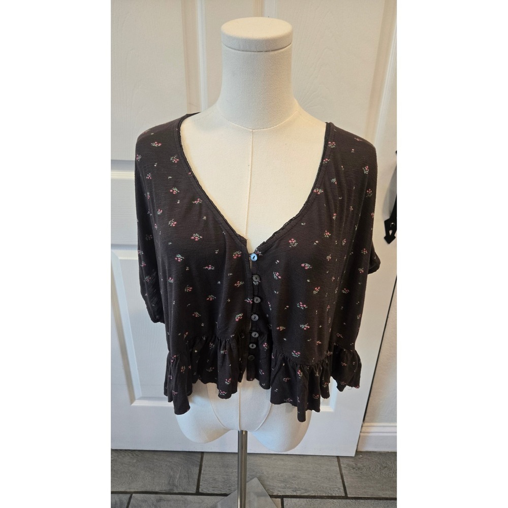 Lucky Brand Floral Button Front Peplum Crop Brown Lace Trim Cottagecore V-Neck-S